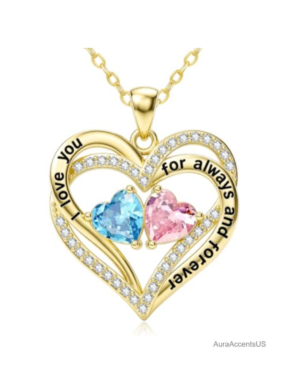 14K Gold Double Heart Birthstone Pendant Necklace Adjustable 18+2 Inch